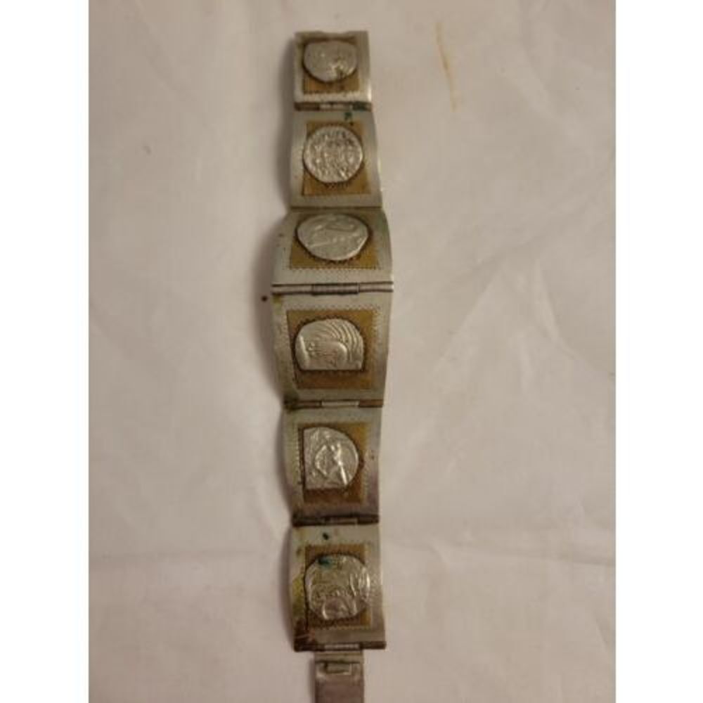 Vintage Taxco Mexico 925 Sterling Silver Aztec Mayan Copper‎ Panel Link Bracelet